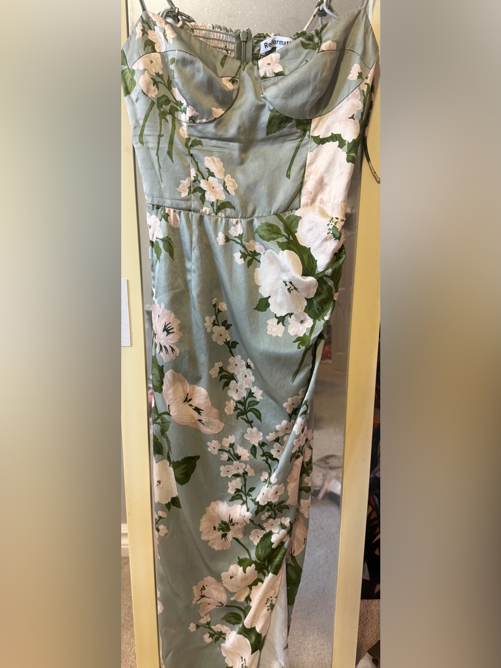 Reformation Marguerite Tarragon Floral Satin Strapless Slip Dress with Side Slit - Picture 5 of 5